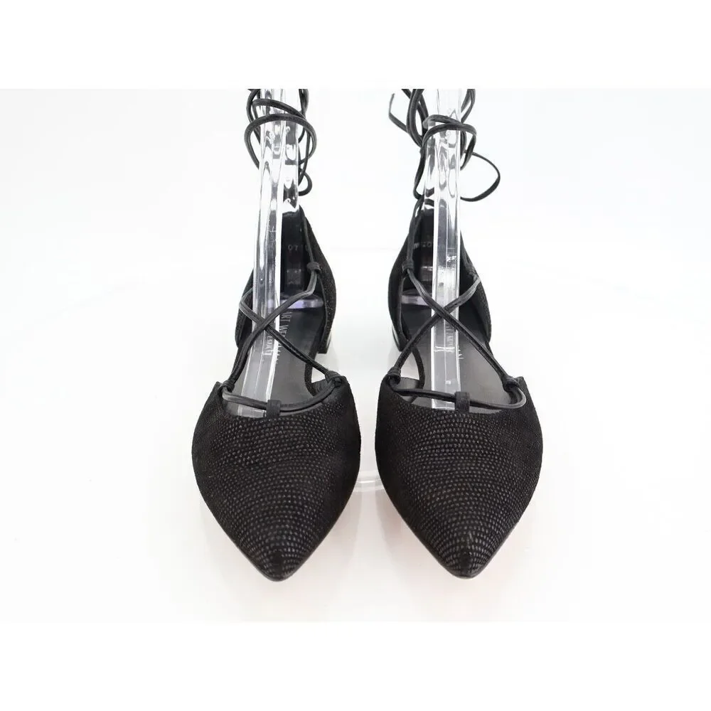 Stuart Weitzman Gilligan Ballet Flats Lace Up Pointed Toe Black Size 6 M Leather